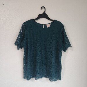 Philosophy Women's Size XXL/2XL Teal Green Lace Overlay Short Sleeve Blouse Top